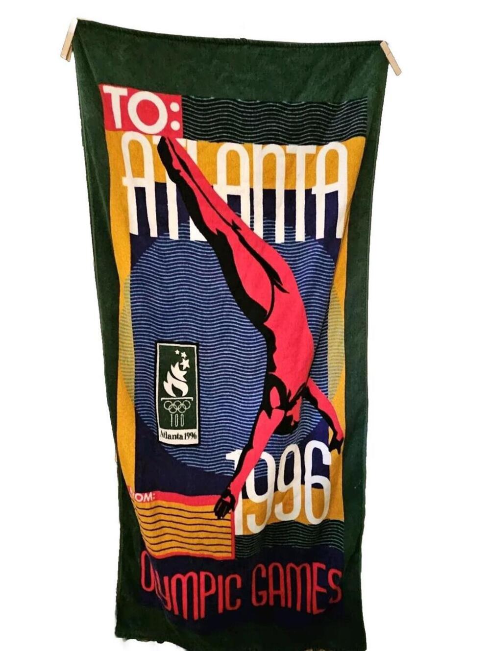 Olympics 1996 Atlanta Beach Towel Cannon Diving Postcard Big Logo & 2 Pins VTG
